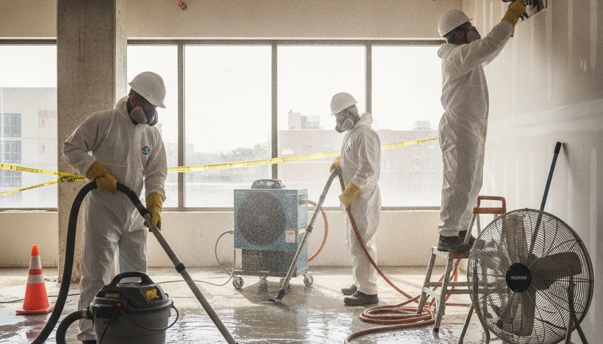 Burst pipe cleanup crew restoring water-damaged home in Jurupa Valley, CA