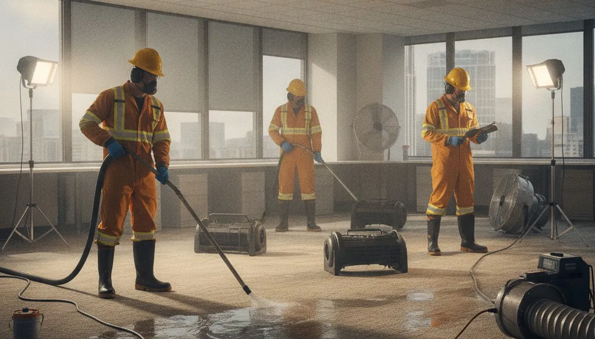 Commercial water damage restoration team in Jurupa Valley, CA drying a flooded property