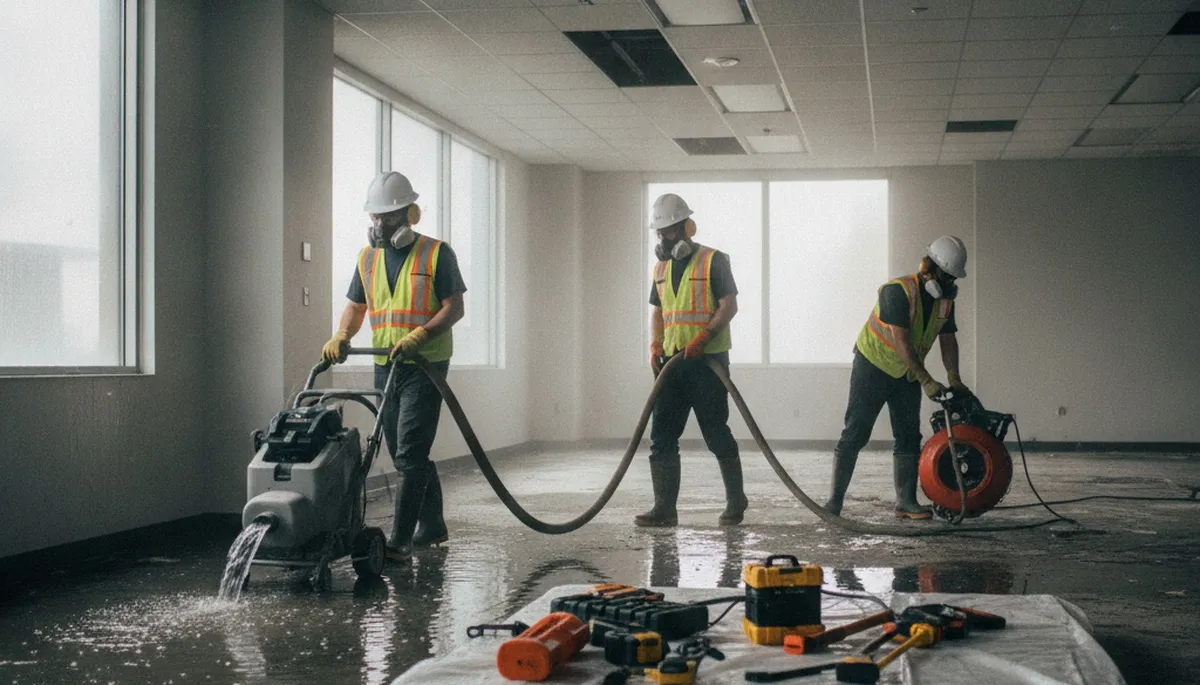 Water damage restoration crew in Jurupa Valley, CA responding to emergency home damage cleanup