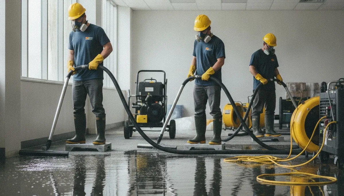 Emergency water removal technician in Jurupa Valley, CA drying flooded home with restoration equipment