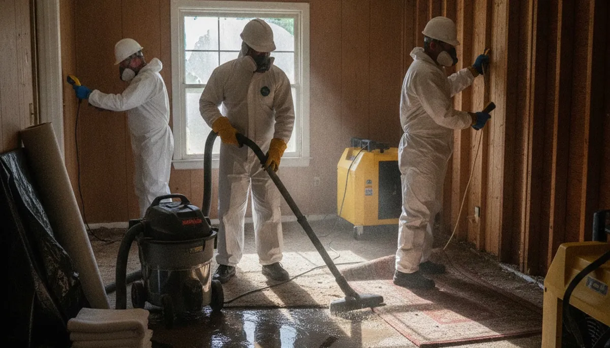 Flood damage cleanup team serving homes in Jurupa Valley, CA after storm runoff and water intrusion