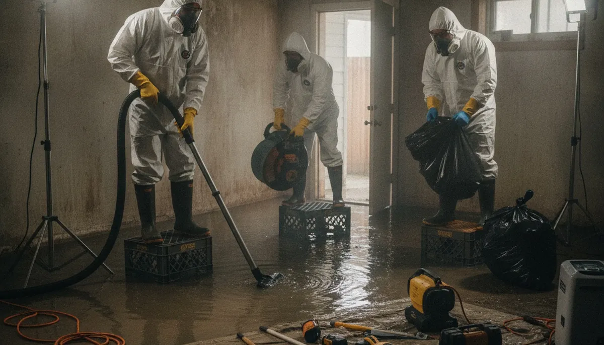 Sewer backup cleanup team restoring a home in Jurupa Valley, CA after water damage