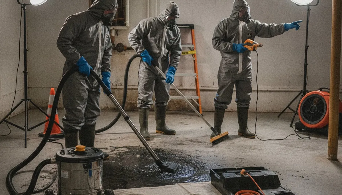 Sewer backup cleanup team restoring a Jurupa Valley, CA home after wastewater overflow