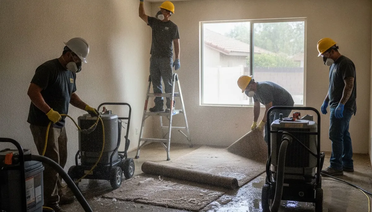 Water damage restoration team in Jurupa Valley, CA inspecting flood damage in a home
