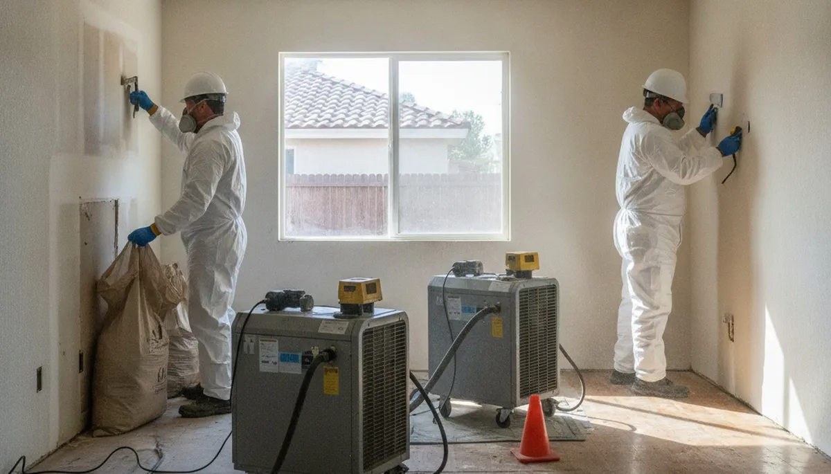 Water damage restoration team in Jurupa Valley, CA inspecting and drying a home after water damage