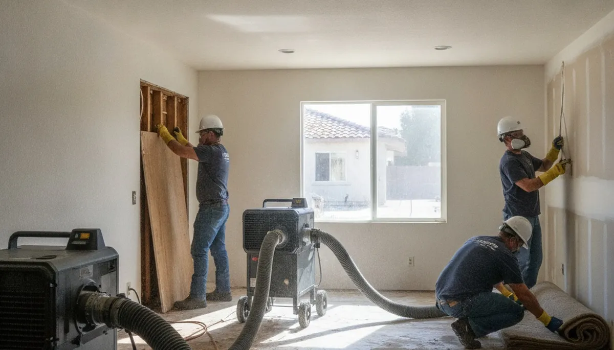 Water damage restoration team in Jurupa Valley, CA drying and repairing a home after flooding