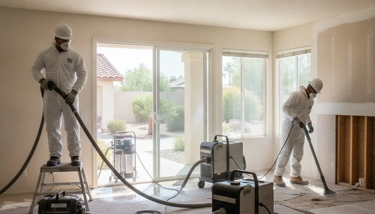 Water damage restoration team serving Jurupa Valley, CA in a commercial cleanup service scene
