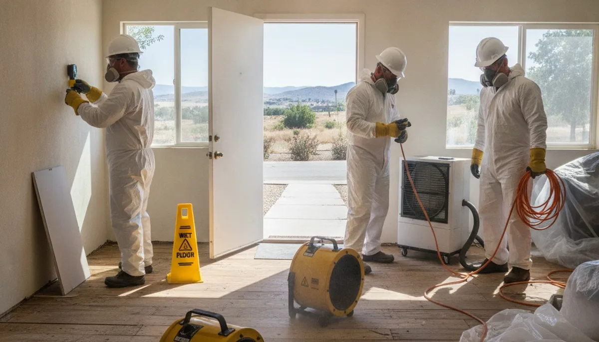Water damage restoration team in Jurupa Valley, CA removing flood damage from a home