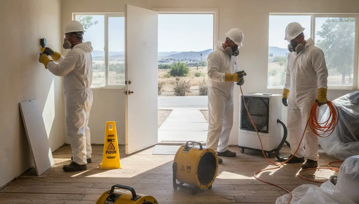 Water damage restoration team in Jurupa Valley, CA removing flood damage from a home