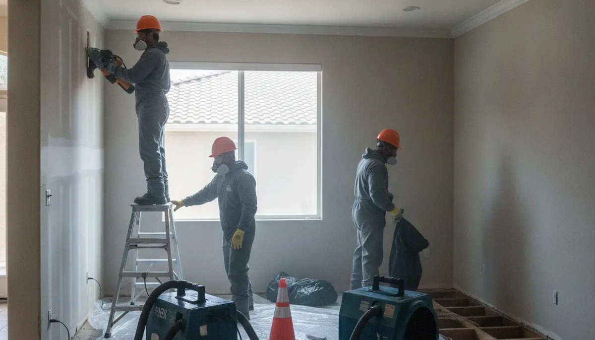 Water damage restoration team in Jurupa Valley, CA inspecting and drying a home after flooding