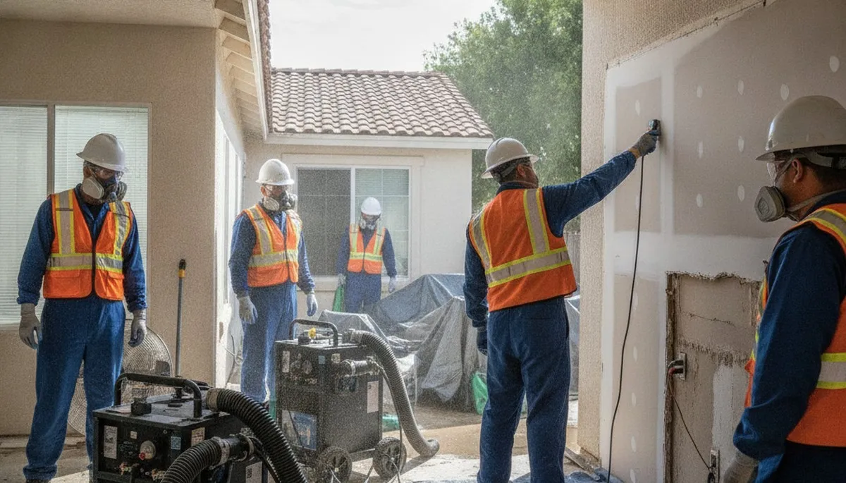Water damage restoration crew in Jurupa Valley, CA inspecting and drying a flooded property