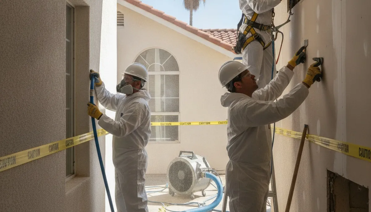 Water damage restoration crew in Jurupa Valley, CA, removing water and drying property