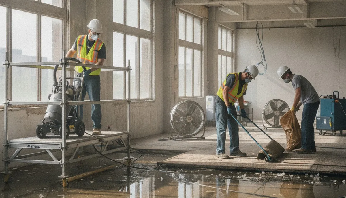 Water damage restoration team serving Jurupa Valley, CA, inspecting flood-damaged property