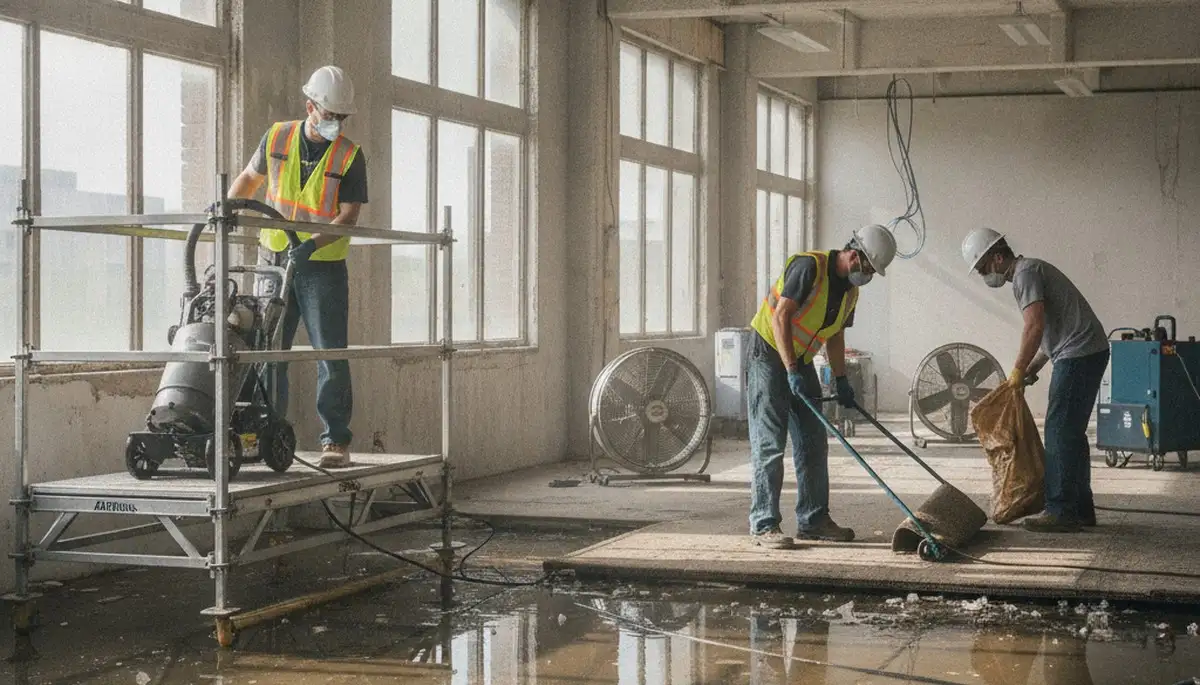 Water damage restoration team serving Jurupa Valley, CA, inspecting flood-damaged property