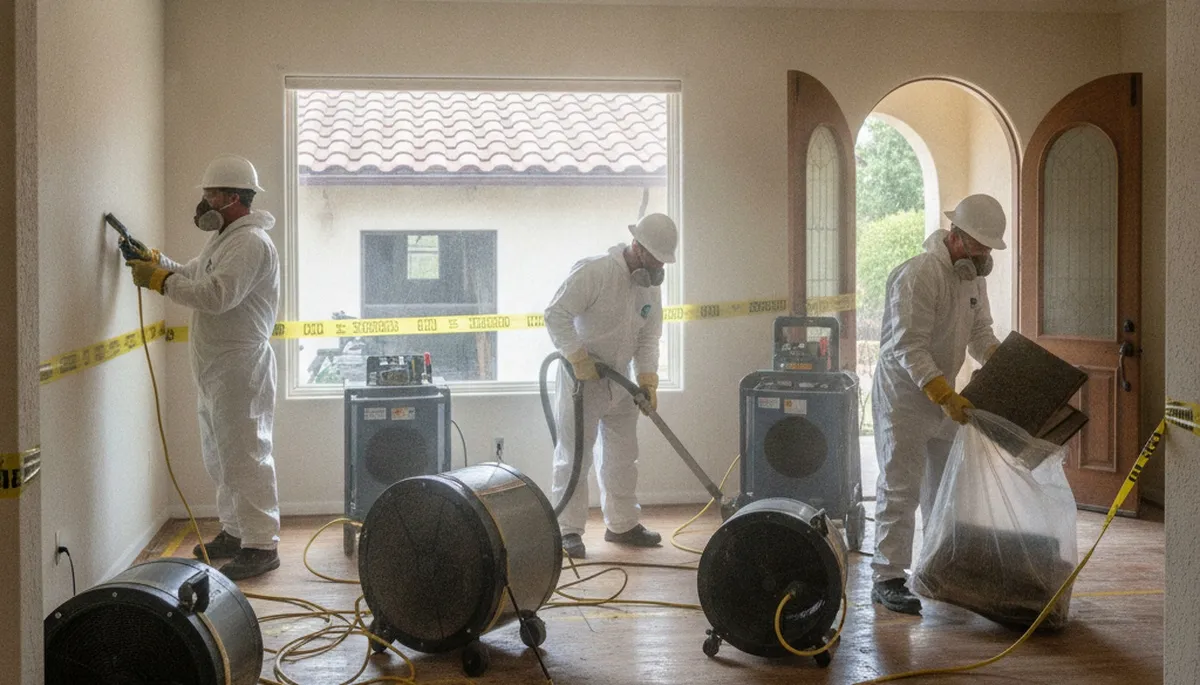 Water damage restoration team in Jurupa Valley, CA inspecting and drying a damaged property